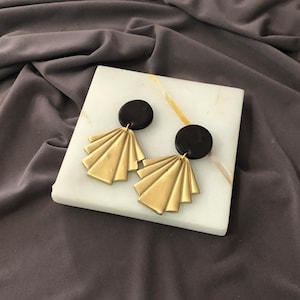 Black & Gold Art Deco Earrings, Modern Minimalist Jewelry for Wedding, Bridal Jewelry, Large Polymer Clay Statement Earrings Hand Painted