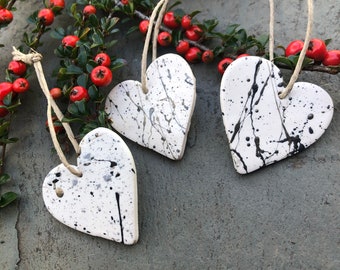 Heart Christmas Ornament Set of 3, Minimalist Ceramic Tree Decorations White with Speckled Gold Silver Black, Bulk Coworker Gifts Handmade