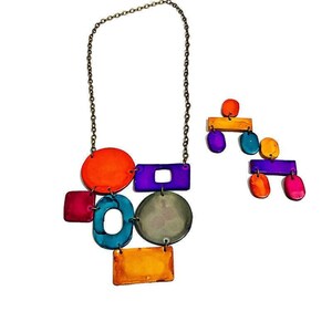 Colorful Statement Jewelry Set Geometric Necklace & Large Hoop Earrings Post or Clip On Handmade from Polymer Clay Painted Bold Bright image 8