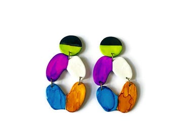 Colorful Clip On Earrings for Women, Bright Multicolor Statement Drop Dangles, Polymer Clay Jewelry Handmade & Painted, Mothers Day Gift Mom