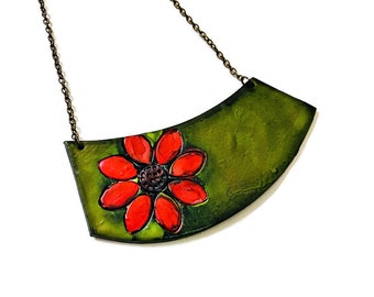 Poinsettia Necklace, Statement Bib Necklace, Polymer Clay Jewelry Hand Painted with Alcohol Ink, Unique Artisan  Christmas Gifts for Women