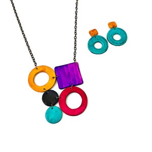 Colorful Statement Jewelry Set Geometric Necklace & Large Hoop Earrings Post or Clip On Handmade from Polymer Clay Painted Bold Bright image 1