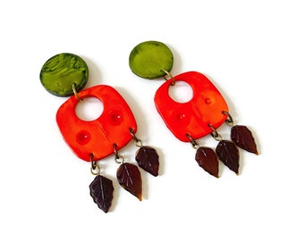 Extra Large Statement Earrings with Brown Glass Leaves, Big Polymer Clay Earrings Painted Orange Green, Rustic Bohemian Dangles Handmade