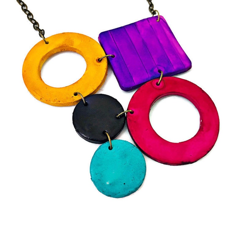 Colorful Statement Jewelry Set Geometric Necklace & Large Hoop Earrings Post or Clip On Handmade from Polymer Clay Painted Bold Bright image 3