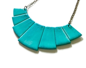 Turquoise Statement Necklace Handmade, Light Blue Wide Bib Necklace, Polymer Clay Jewelry Painted, Unique Everyday Fashion Gift for Women