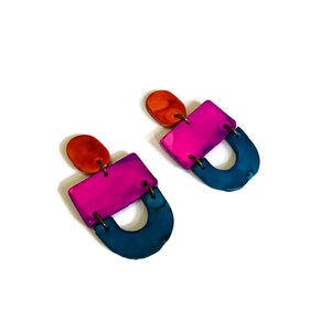 Painted Clay Earrings Handmade, Unique Artsy Jewelry Drop Dangles or Clip Ons, Geometric Statement Earrings Lightweight Modern