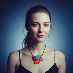 Bold Colorful Retro Jewelry Set with Geometric Necklace & Mismatched Asymmetric Earrings Handmade from Polymer Clay, Christmas Gift image 2