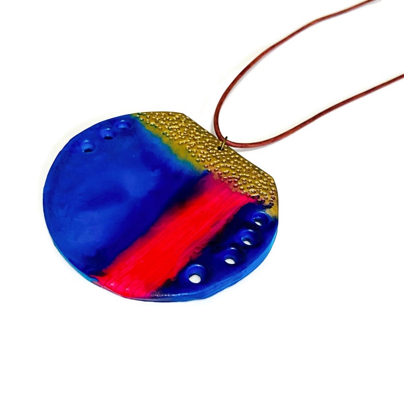 Unique Colorful Pendant Necklace Royal Blue, Pink & Gold, Long Chunky Pendant on Leather Cord, Abstract Boho Jewelry Handmade Birthday Gift image 4