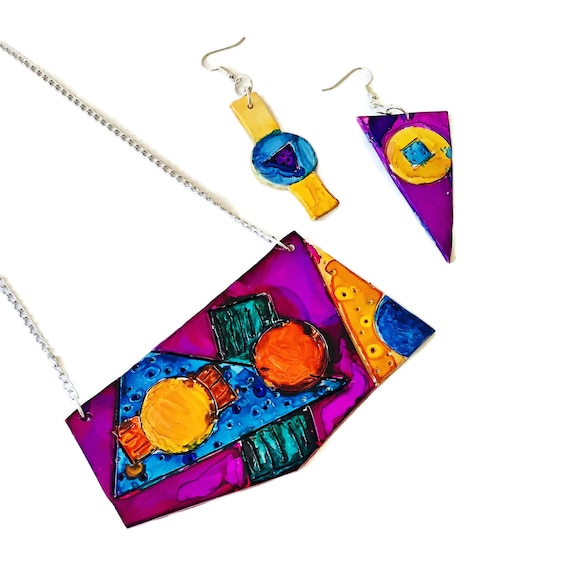 Handmade Ceramic Earrings with Geometric Design Rustic Artisan Earrings Statement Earrings Blue Rectangular Drop Earrings