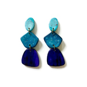 Tri Tone Blue Statement Earrings, Unique Handmade Earrings, Polymer Clay Alcohol Ink Earrings, Trendy Drop Dangles with Post or Clip Ons Post- Pierced Ears