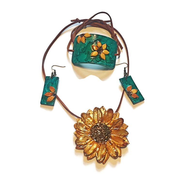 Sunflower Jewelry Set Sunflower Pendant Necklace Artisan Etsy