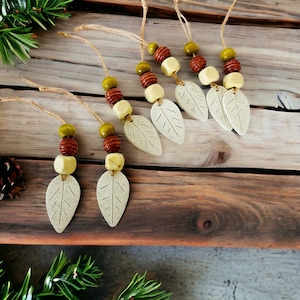 Rustic Fall Leaf Ornaments, Boho Christmas Ornaments Handmade from Polymer Clay & Beach Sand, Cottagecore Decor Thanksgiving Hostess Gift