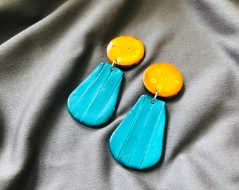 Colorful Artsy Clip On Earrings Neon Blue & Yellow, Long Casual Drop Dangles, Polymer Clay Earrings Painted, Alcohol Ink Jewelry Handmade