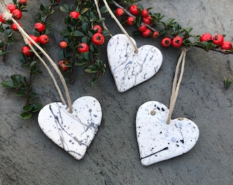 Minimalist Christmas Décor, White Heart Ornaments with Black Gold Silver, Polymer Clay Heart Decorations, Bulk Coworker Gifts Handmade