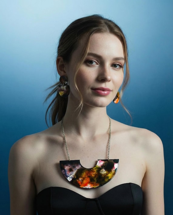 Bold Abstract Jewelry Set Black White Yellow, Large Bib Necklace with Statement Earrings Drop Dangles or Clip Ons, Polymer Clay Jewelry