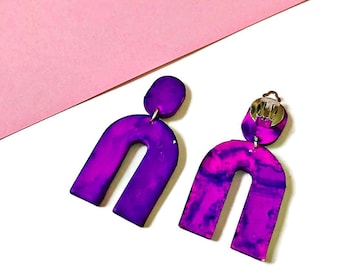 Bold Purple Clip On Earrings, Arch Statement Earrings Trendy & Fun, Invisible Clip Ons, Geometric Earrings for Non Pierced Ears. Gift Her