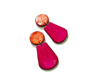 Clay Statement Earrings Orange & Pink, Colorful Summer Jewelry Hand Painted with Alcohol Ink, Big Bold Retro Earrings Handmade in Canada