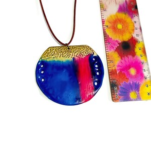 Unique Colorful Pendant Necklace Royal Blue, Pink & Gold, Long Chunky Pendant on Leather Cord, Abstract Boho Jewelry Handmade Birthday Gift image 5