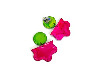 Bright Pink Clip On Earrings with Lime Green, Wide Stud Earrings Handmade, Painted Two Tone Polymer Clay Earrings, Mothers Day Gift Mom