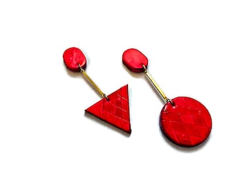 Red Asymmetric Mismatch Earrings with Long Brass Bar, Edgy Modern Jewelry for Women, Unique Dangles Handmade from Polymer Clay & Painted