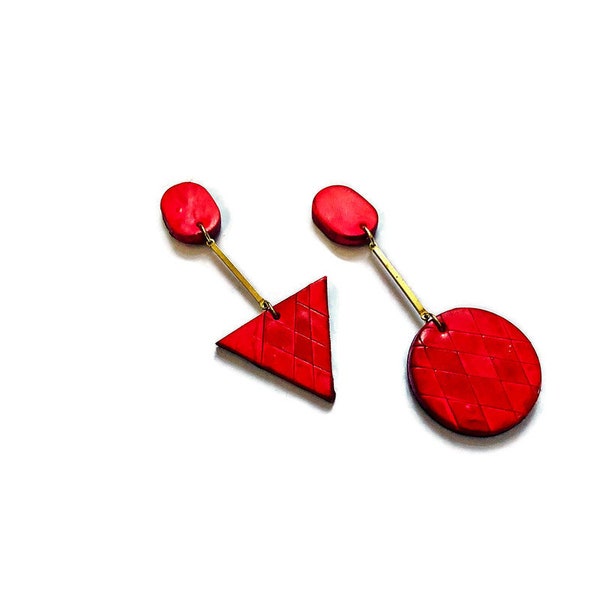 Red Asymmetric Mismatch Earrings with Long Brass Bar, Edgy Modern Jewelry for Women, Unique Dangles Handmade from Polymer Clay & Painted