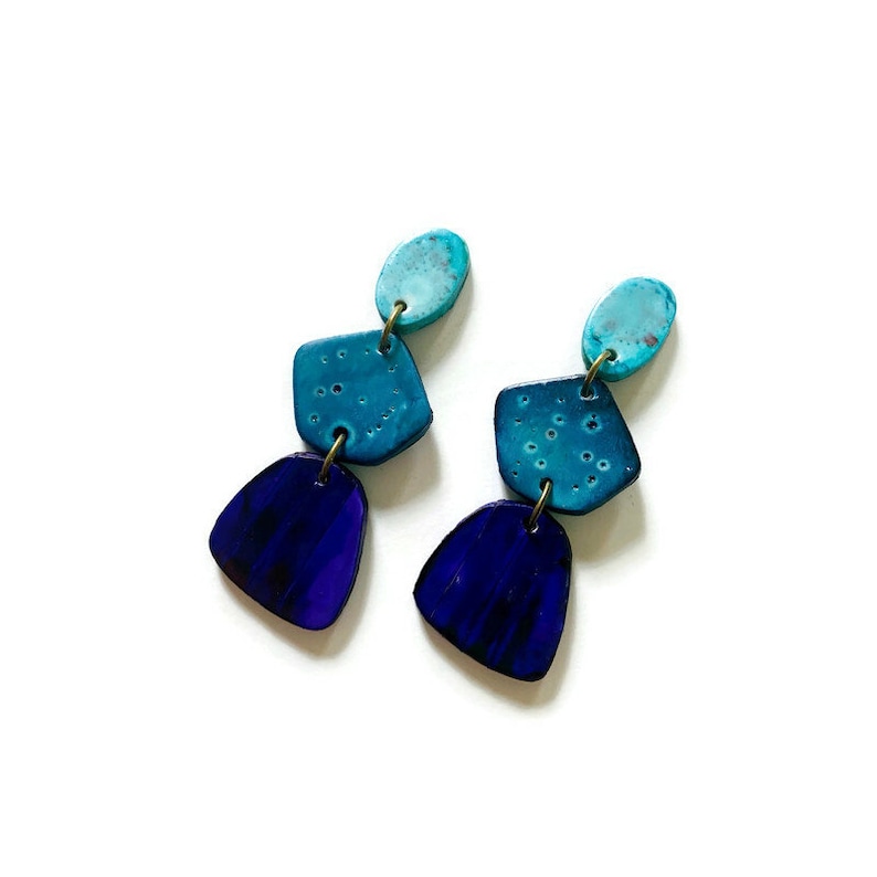 Tri Tone Blue Statement Earrings, Unique Handmade Earrings, Polymer Clay Alcohol Ink Earrings, Trendy Drop Dangles with Post or Clip Ons image 3