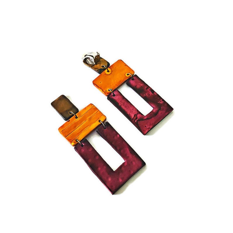 Long Clip On Earrings with Multicolored Geometric Style. Bold Statement Drop Dangles for Non Pierced Ears, Painted Polymer Clay Jewelry image 6