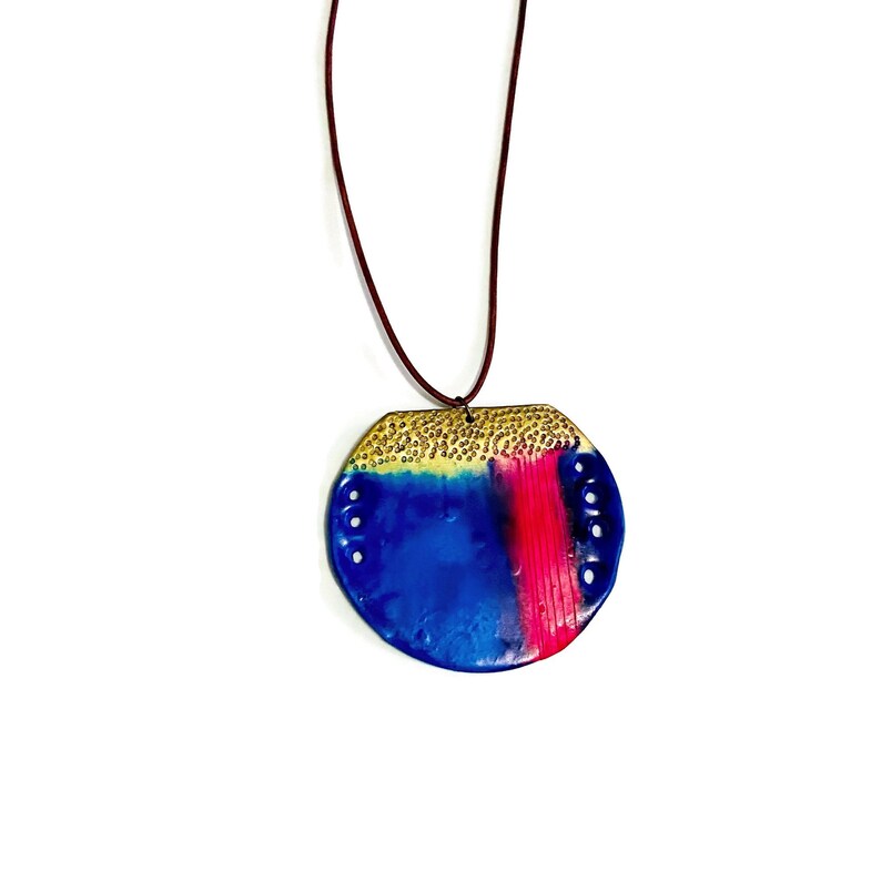 Unique Colorful Pendant Necklace Royal Blue, Pink & Gold, Long Chunky Pendant on Leather Cord, Abstract Boho Jewelry Handmade Birthday Gift image 2