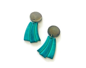 Turquoise Statement Earrings, Two Tone Drop Dangles Post or Clip Ons, Whimsical Fashion for Women, Birthday Gift Sister, Summer Jewelry