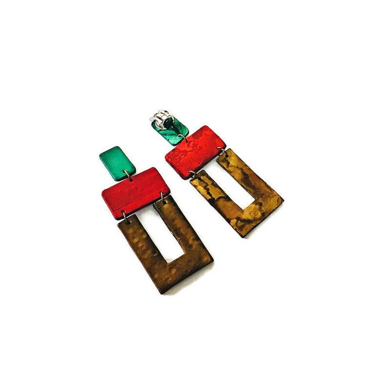 Long Clip On Earrings with Multicolored Geometric Style. Bold Statement Drop Dangles for Non Pierced Ears, Painted Polymer Clay Jewelry image 8