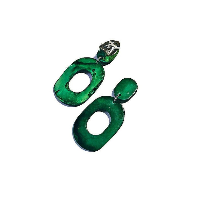 Emerald Green Clip On Earrings, Drop Hoop Earrings for Non Pierced Ears, Polymer Clay Jewelry Hand Painted, Handmade Gifts from Canada image 1