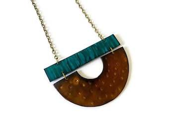 Semi Circle Statement Necklace in Brown & Teal, Rustic Boho Jewelry for Fall, Minimalist Painted Clay Bib Necklace Handmade, Unique Gift