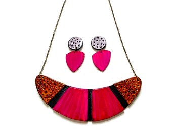 Bold Statement Necklace & Earring Set in Fushia Pink Yellow Black, Unique Jewelry Set Handmade from Clay and Alcohol Ink, Birthday Gift