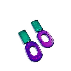 Bold Statement Earrings Turquoise & Purple, Extra Long Earrings with Geometric Design, Painted Polymer Clay Jewelry, Unique Gift for Women image 1