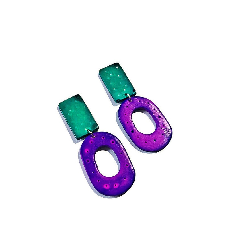 Extra Long Clip On Earrings, Polymer Clay Statement Earrings for Non Pierced Ears, Hand Painted with Alcohol Ink, Big Bold Chunky Oversized image 2