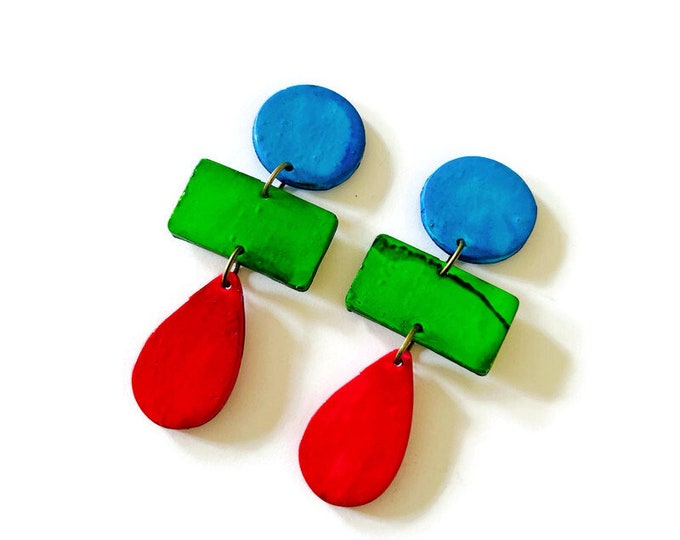 Long Colorful Statement Earrings Handmade, Painted Polymer Clay Earrings in Blue Green Pink, Tri Color Drop Dangles, Mothers Day Gift Mom