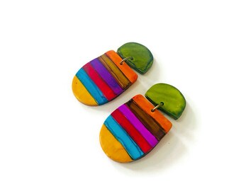 Colorful Striped Clip On Earrings for Non Pierced Ears, Multicolored Statement Earrings, Painted Polymer Clay Earrings Handmade Gift Women