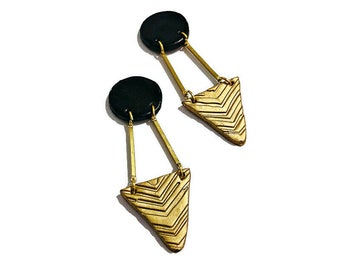 Black & Gold Art Deco Earrings for Bride, Unique Edgy Jewelry with Long Brass Bars, Large Statement Earrings with Geometric Triangle Circles