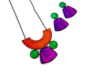 Big Chunky Statement Jewelry Set with Colorful Necklace & Geometric Earrings Handmade, Bold Wearable Art for Women, Unique Gift Idea