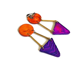 Artsy Clip On Earrings Purple & Orange, Extra Long Geometric Earrings Handmade from Clay Hand Painted with Alcohol Ink, Statement Jewelry