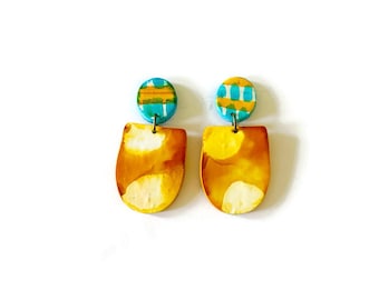 Spring Statement Earrings in Mustard Yellow, Turquoise & White, Unique Fluid Art Jewelry Handmade, Large Abstract Earrings Hypoallergenic