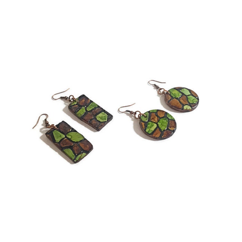 Turtle Shell or Snake Skin Style Animal Print Earrings Dangling Cameo Earrings Female Hunter Gifts Polymer Clay Jewelry Handmade