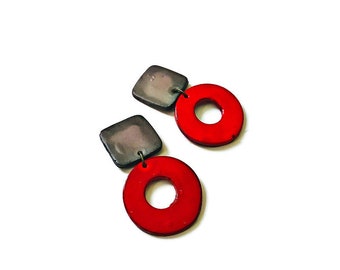 Big Red Statement Earrings, Polymer Clay Earrings with Circle Hoop, Oversized Studs or Clip Ons, Geometric Jewelry Handmade Valentine Gift