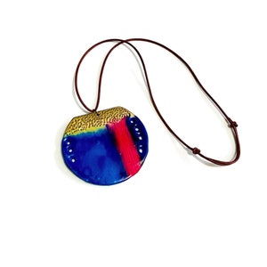 Unique Colorful Pendant Necklace Royal Blue, Pink & Gold, Long Chunky Pendant on Leather Cord, Abstract Boho Jewelry Handmade Birthday Gift image 1