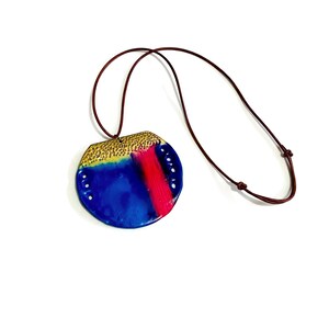 Unique Colorful Pendant Necklace Royal Blue, Pink & Gold, Long Chunky Pendant on Leather Cord, Abstract Boho Jewelry Handmade Birthday Gift