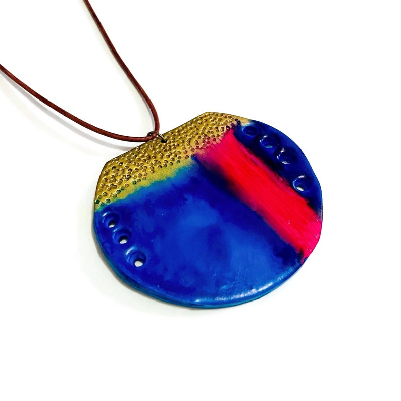 Unique Colorful Pendant Necklace Royal Blue, Pink & Gold, Long Chunky Pendant on Leather Cord, Abstract Boho Jewelry Handmade Birthday Gift image 3