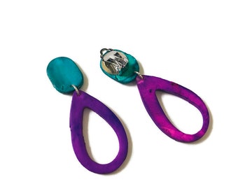 Cute Clip On Earrings, Purple Teardrop Hoop Earrings Handmade from Polymer Clay & Painted, Lightweight Studs, 40th Birthday Gift for Sister