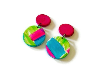 Colorful Clip On Earrings for Summer, Vibrant Neon Earrings Handmade, Polymer Clay Earrings Painted with Alcohol Ink, Trendy Spring Gift