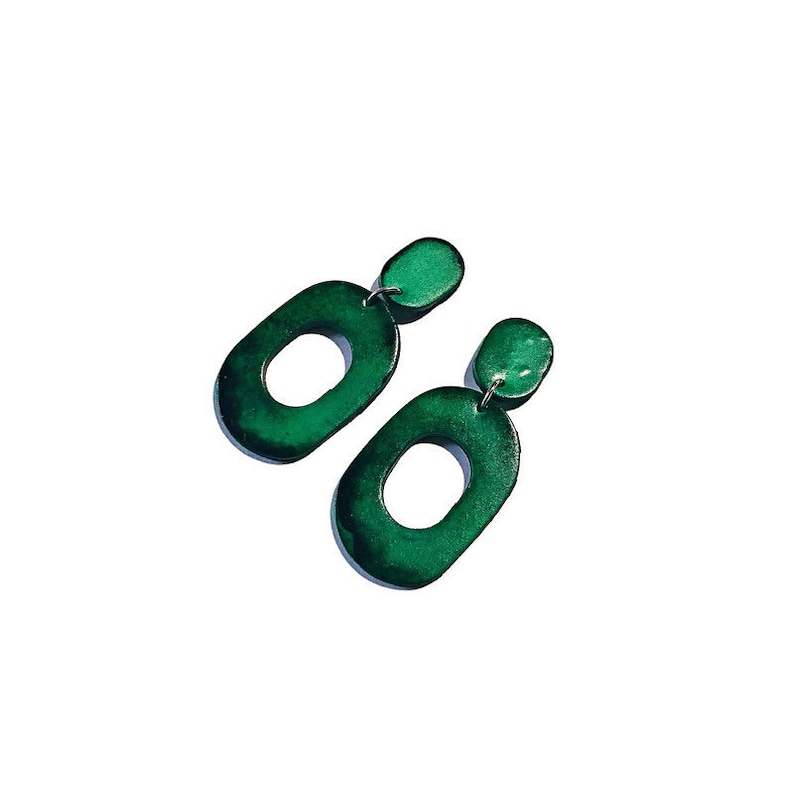 Emerald Green Clip On Earrings, Drop Hoop Earrings for Non Pierced Ears, Polymer Clay Jewelry Hand Painted, Handmade Gifts from Canada image 2
