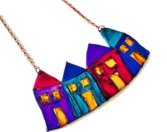 Colorful House Necklace, Tiny Row Houses, Newfoundland Art Jewelry Handmade from Polymer Clay & Hand Painted, Unique Gifts for Her
